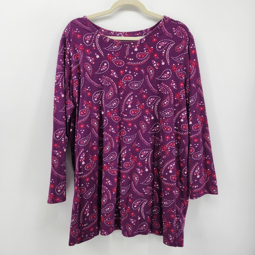 Woman Within Purple Paisley Floral Print Long Sleeve Tunic Top Plus Size 1X